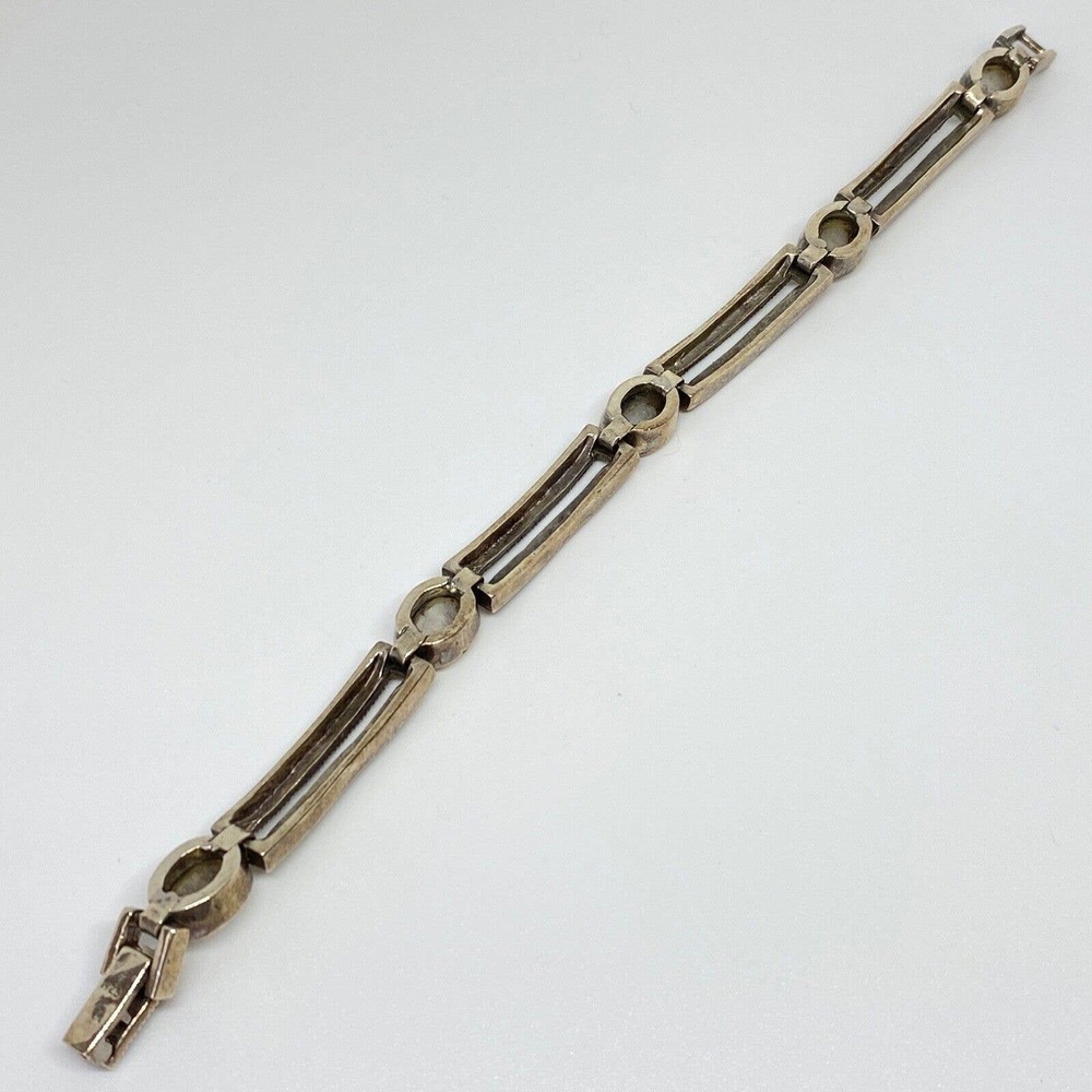 Vintage 925 Sterling Silver Marcasite Mother Of Pearl Chain Link Bracelet 7.5" - Picture 5 of 6